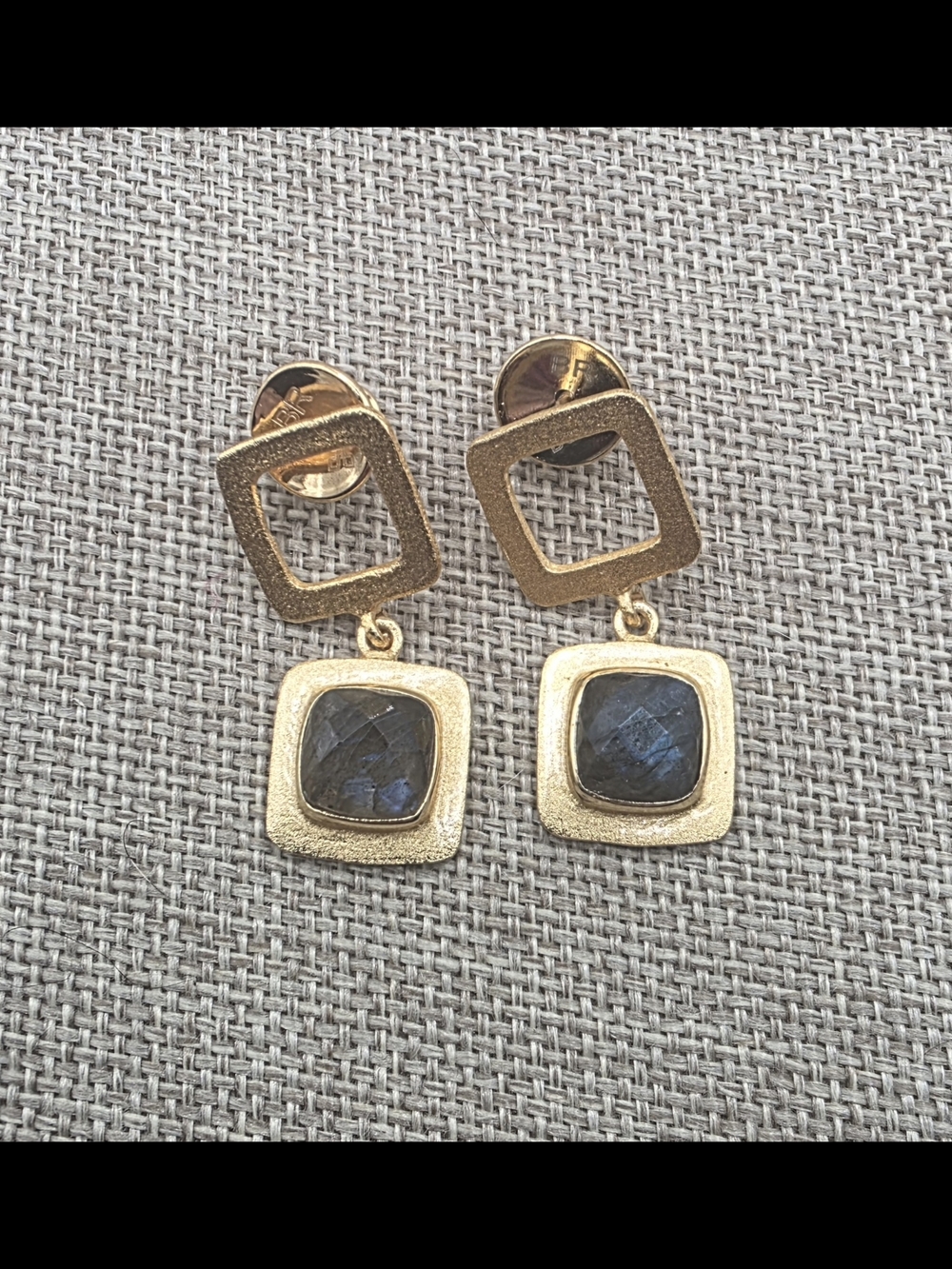 Gold Square Drop Earrings with Faceted Labradorite Stones